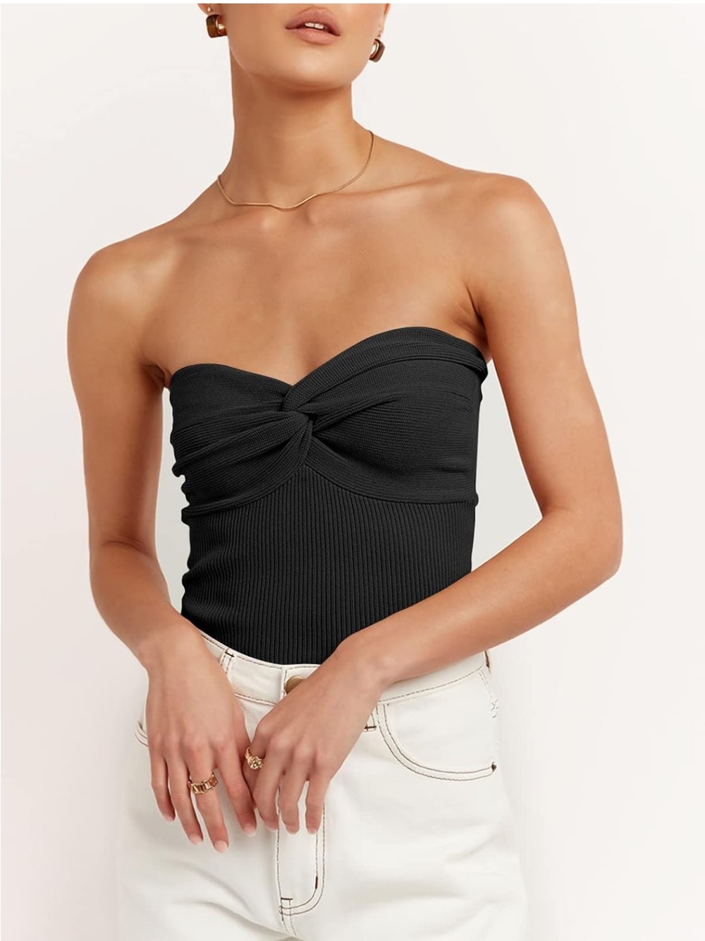 Strapless Twist Front Ribbed Tube Top - Black